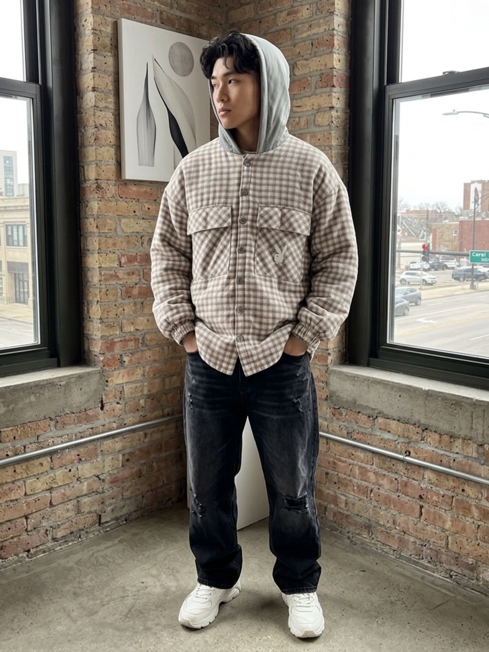 PLAYBOY Quilted Jacket in Light Gray and Cream